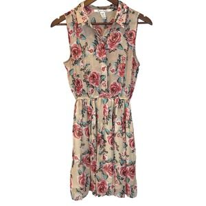 American Rag Cie Sheer Floral Beige Rose Dress Sleeveless Collared Button Up